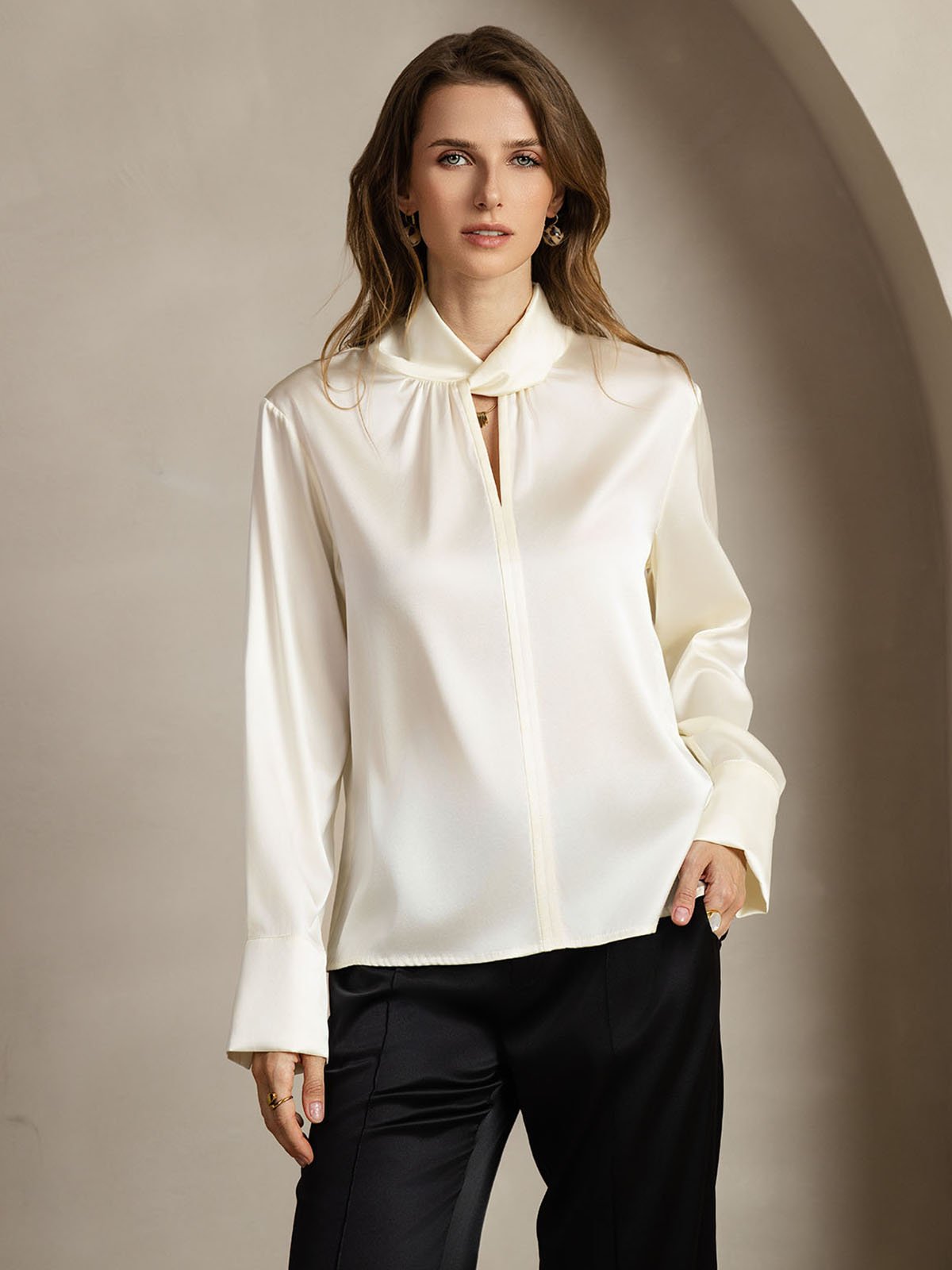[Marfil] SilkSilky-ES 19Momme Seda Escote lágrima Blusas de Mujer 001