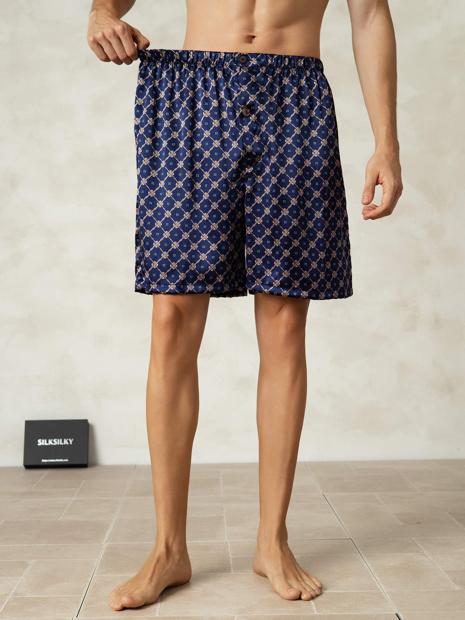 [Cadena Azul Marino] SilkSilky-ES Seda Pura Mens Sleep Bottoms 005,
