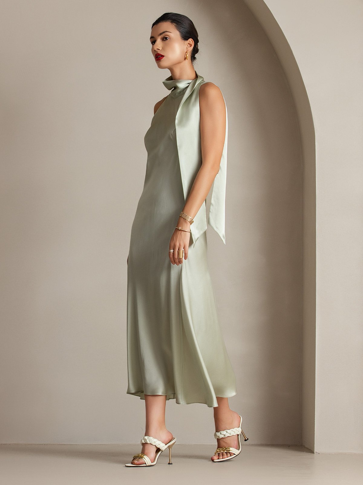 [Verde Claro] SilkSilky-ES 19Momme Seda Sin mangas Corbata Vestido 005