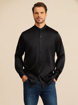 [Negro] SilkSilky-ES Long Sleeve Stand Collar Camisa de hombre 001