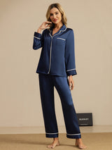 [Azul Oscuro] SilkSilky-ES Long Sleeve Lapel Collar Pijamas de mujer 006
