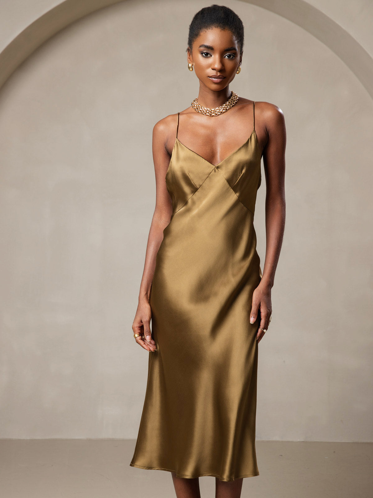 [Marrón] SilkSilky-ES 19Momme Seda Pura Cuello en V Vestido 004