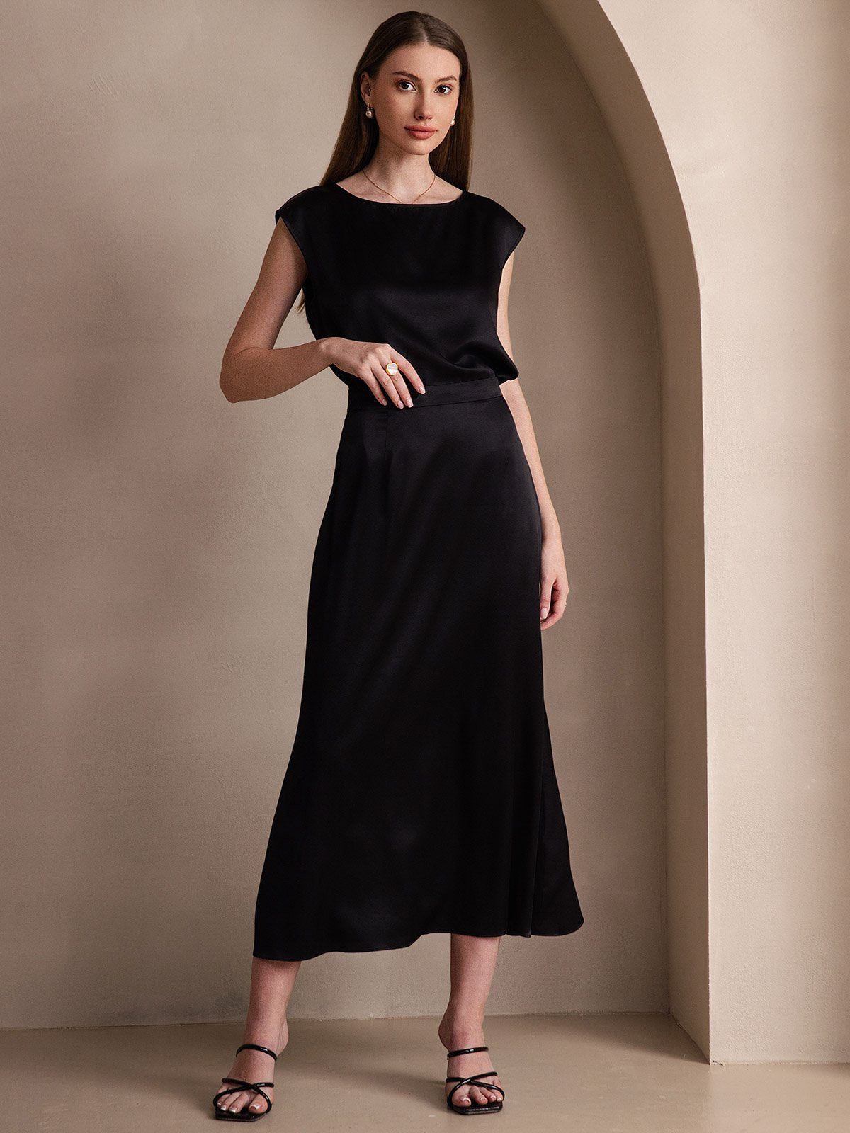 [Negro] SilkSilky-ES 19Momme Seda Skirt 003