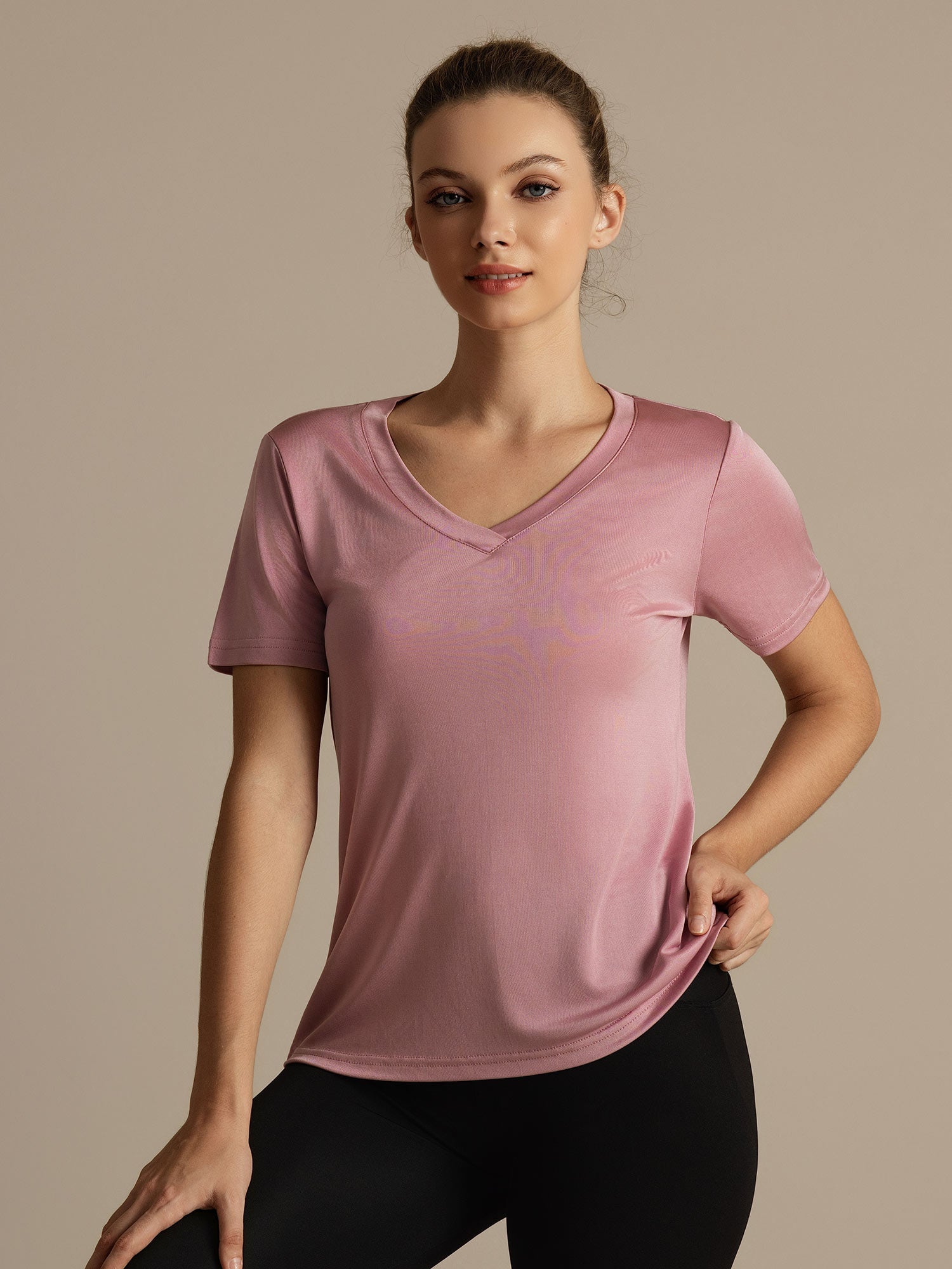 [Malva Pálido] SilkSilky-ES Manga corta Cuello en V Camisetas de Mujer 002
