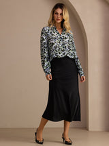 [Leopardo Azul Teal] SilkSilky-ES Long Sleeve Lapel Collar Blusa 007