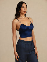 [Azul Oscuro] SilkSilky-ES Spaghetti Strap V Neck Top de tirantes 002