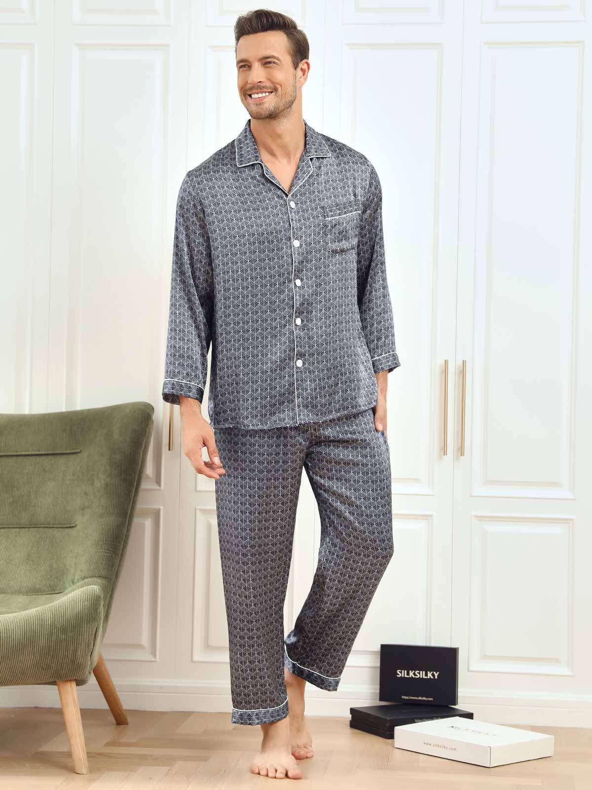 [Ginkgo Azul Marino] SilkSilky-ES 19Momme Seda Pura Mens Pajamas 005