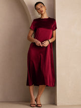 [Rojo Oscuro] SilkSilky-ES Short Sleeve Crew Neck Vestido 005
