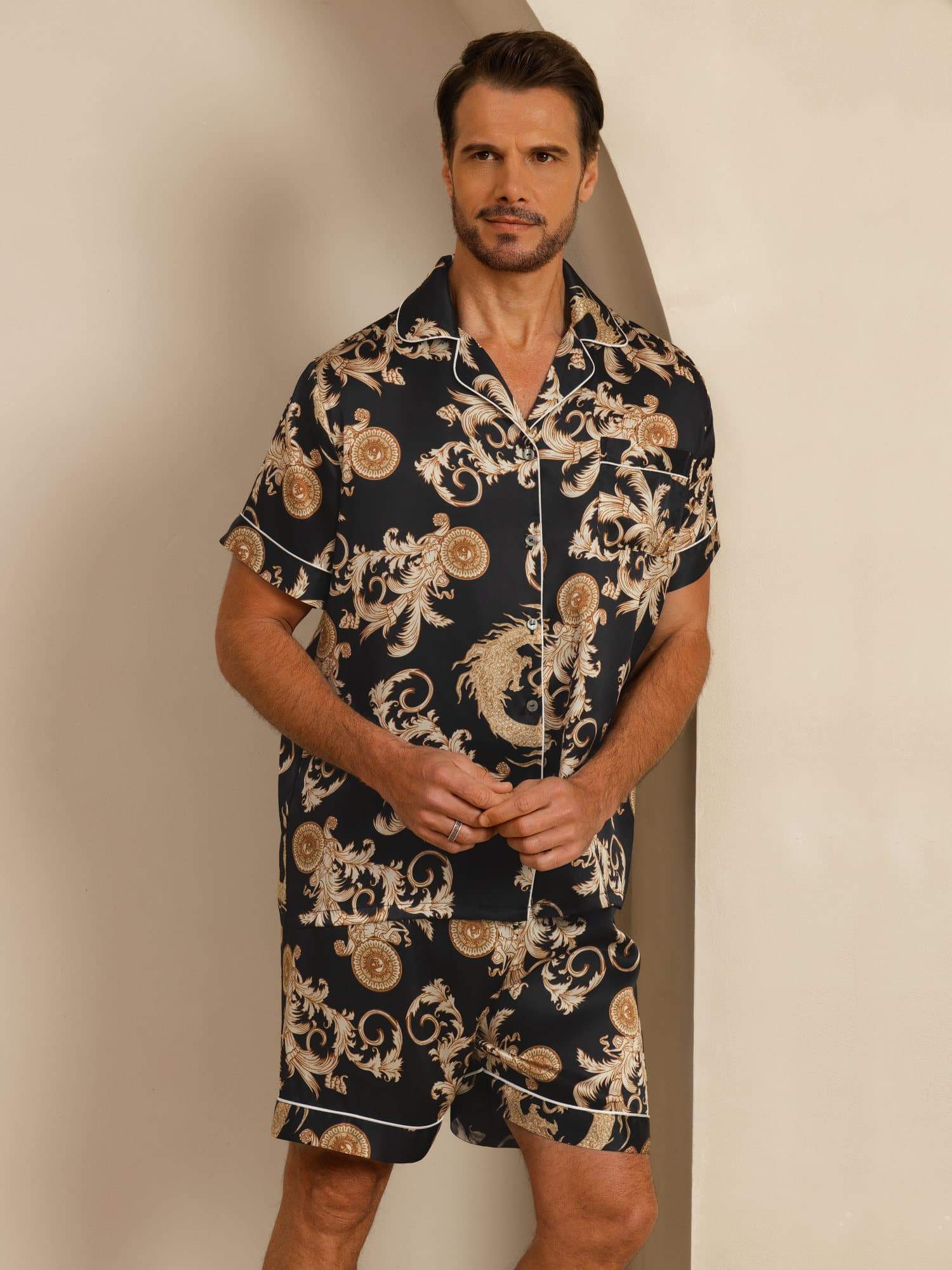 [Dragón Negro] SilkSilky-ES Manga corta Cuello de Muesca Pijamas de hombre 004