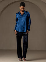 [Azul Real] SilkSilky-ES Long Sleeve Lapel Collar Blusas de Mujer 004