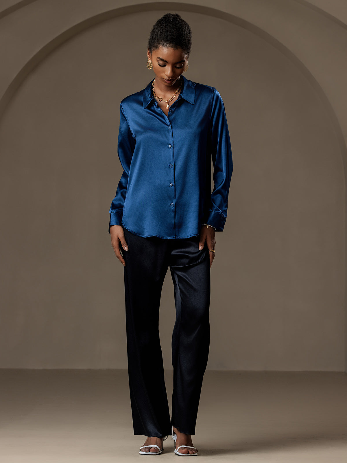 [Azul Real] SilkSilky-ES Seda Lapel Collar Blusas de Mujer 006