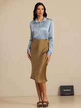 [Azul Grisáceo] SilkSilky-ES Long Sleeve Lapel Collar Blusas de Mujer 007