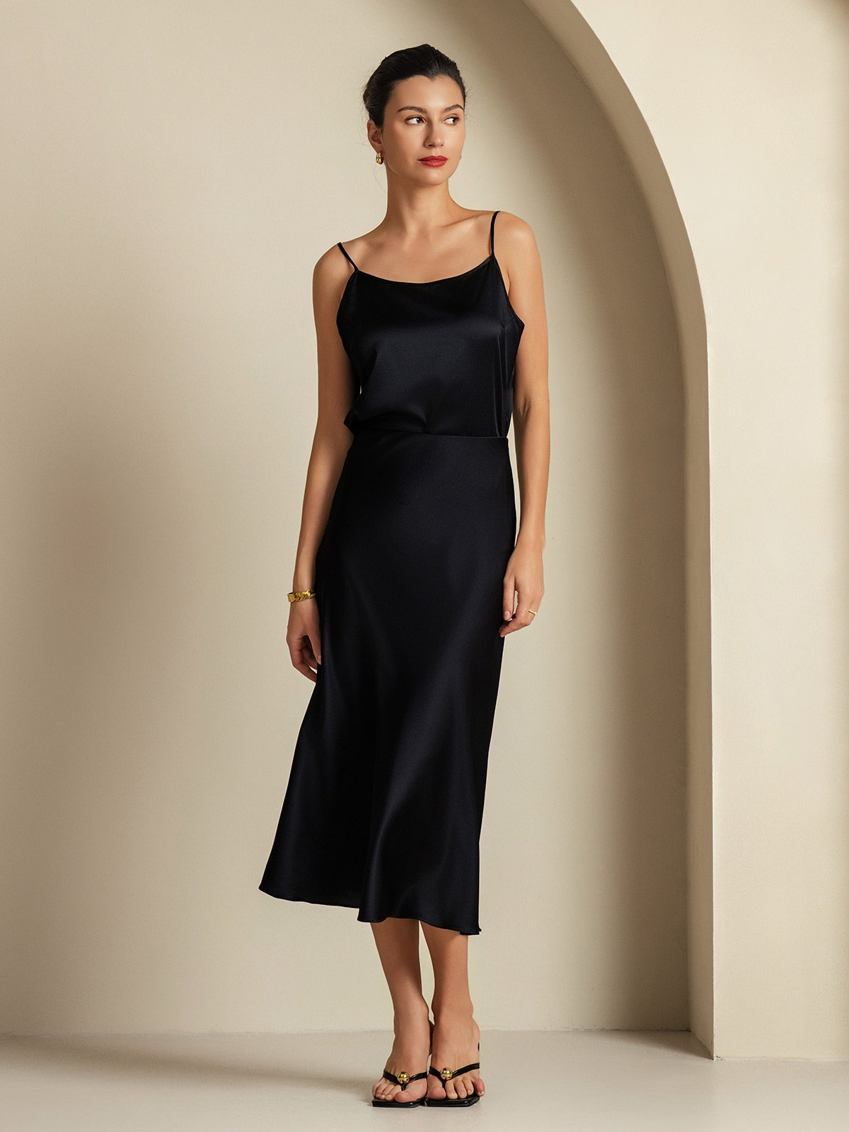 [Negro] SilkSilky-ES 19Momme Seda Pura Womens Outfit Sets 005,