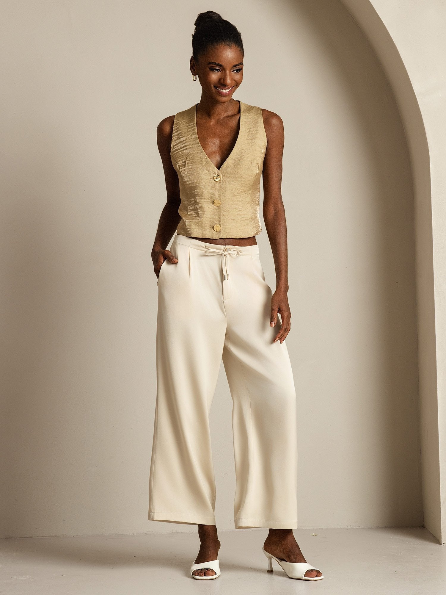 [Beige] SilkSilky-ES 19Momme Seda Womens Pants 008