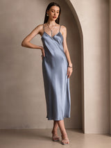 [Azul Grisáceo] SilkSilky-ES Spaghetti Strap V Neck Vestido 001