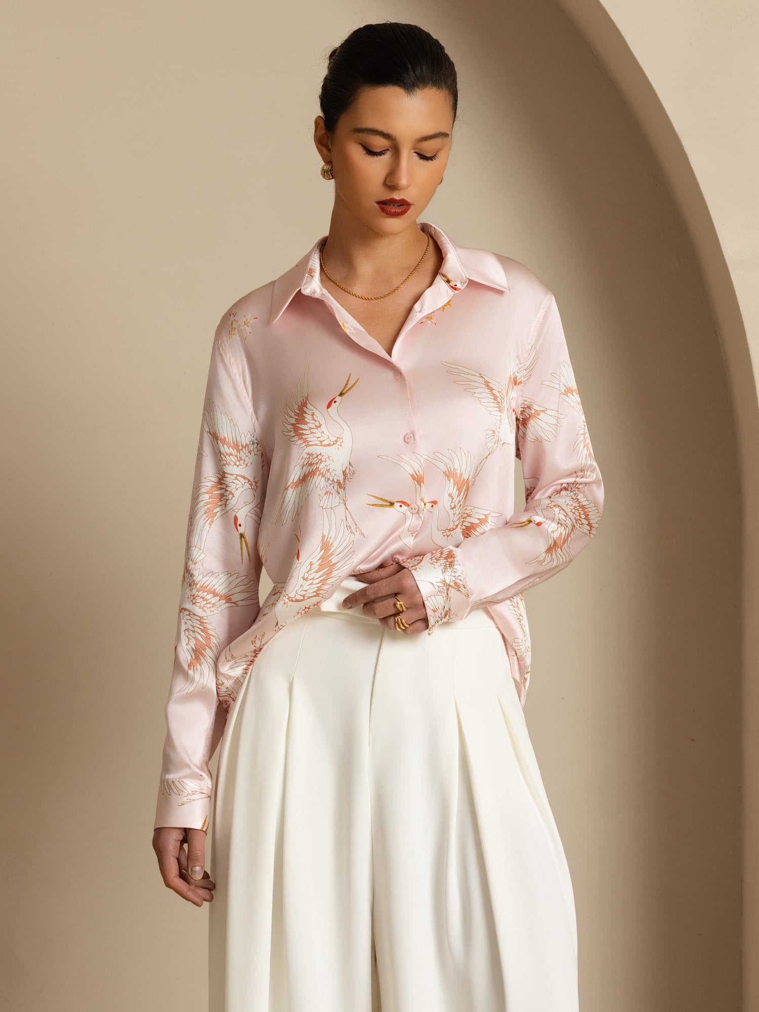 [Rosa] SilkSilky-ES 19Momme Manga larga Cuello con Solapa Blusas de Mujer 005