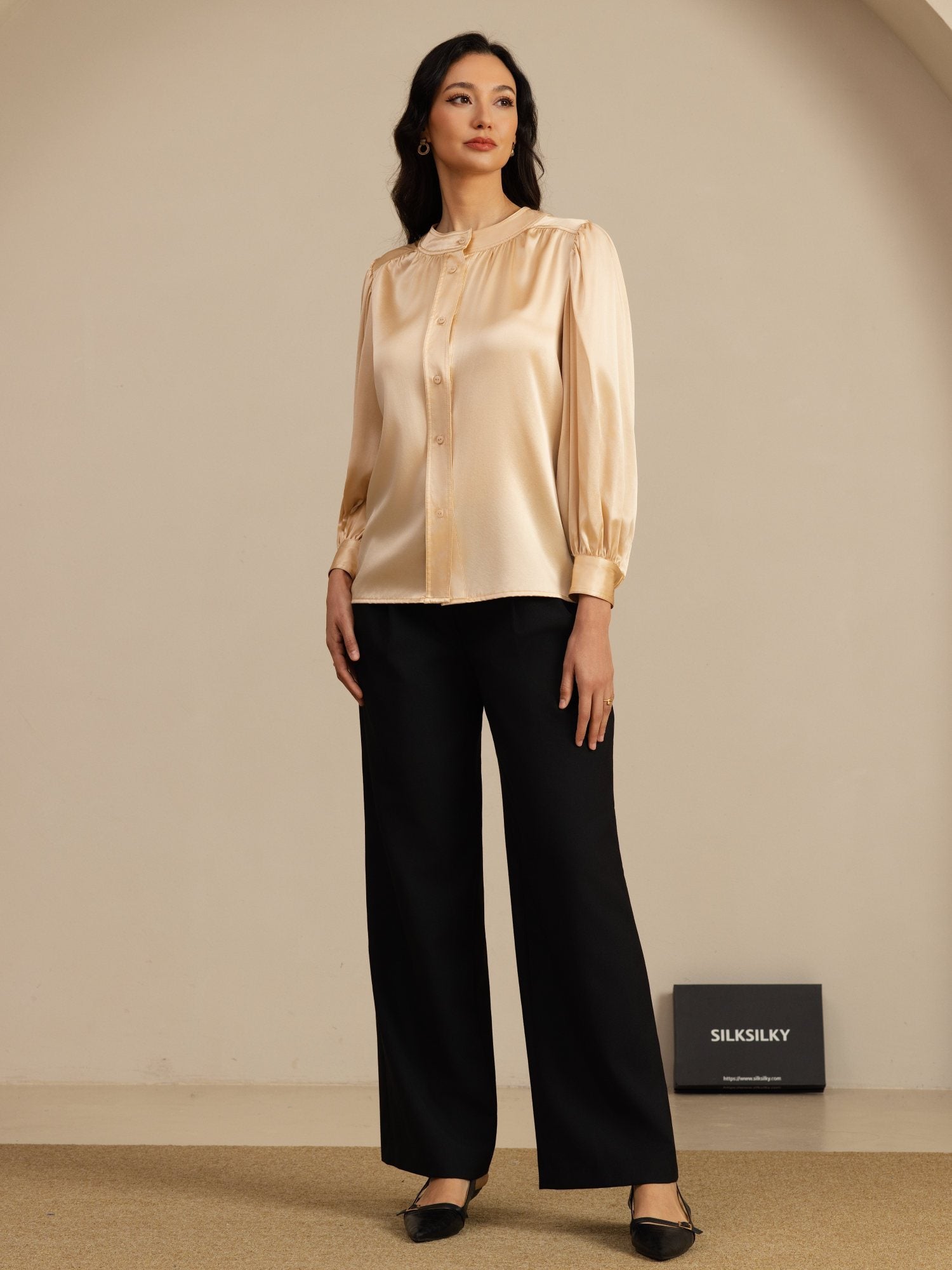 [Champán] SilkSilky-ES 19Momme Long Sleeve Round Neck Blusa 007
