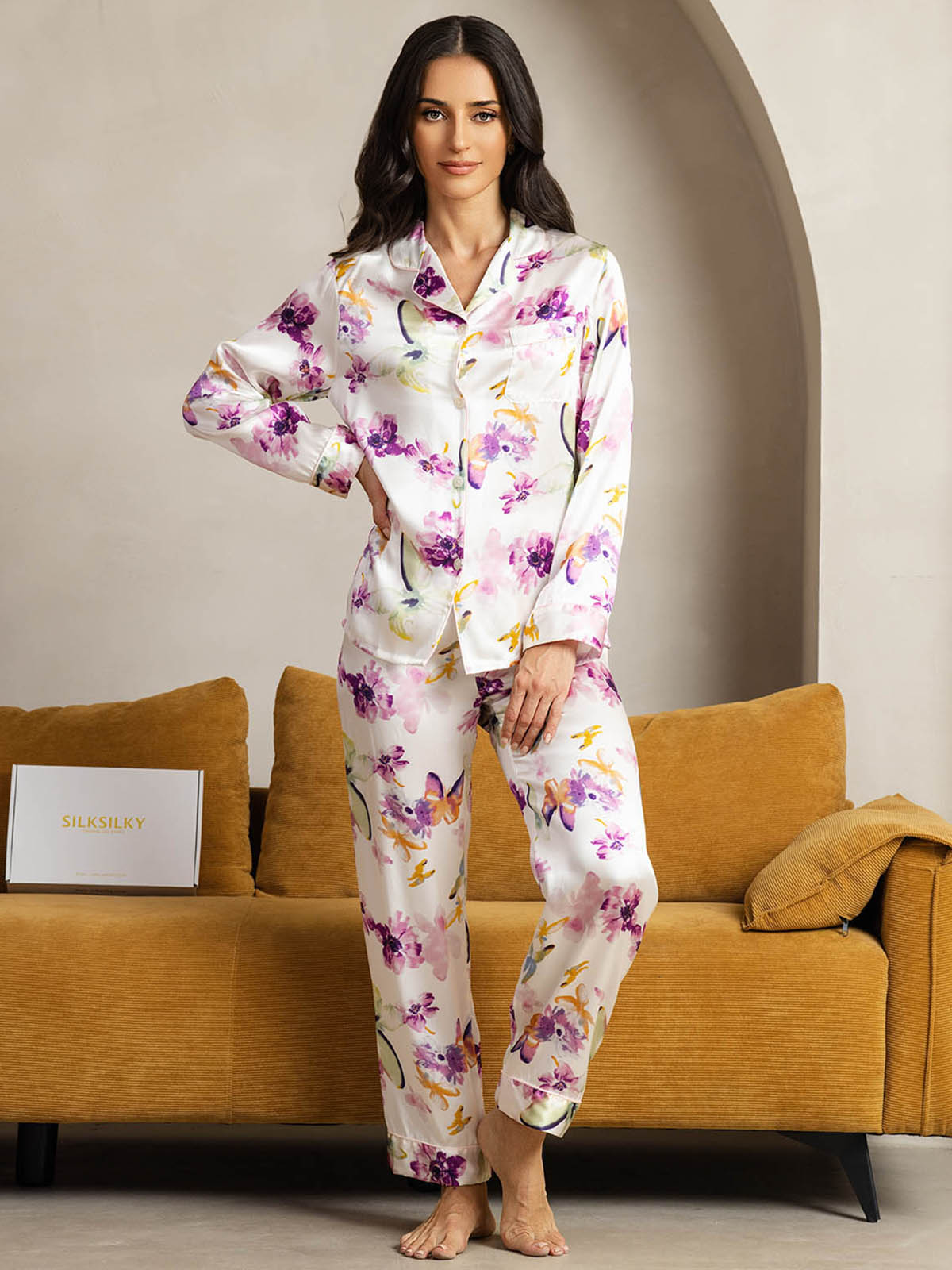 [Flores Acuarela] SilkSilky-ES Seda Pura Womens Pajamas 004
