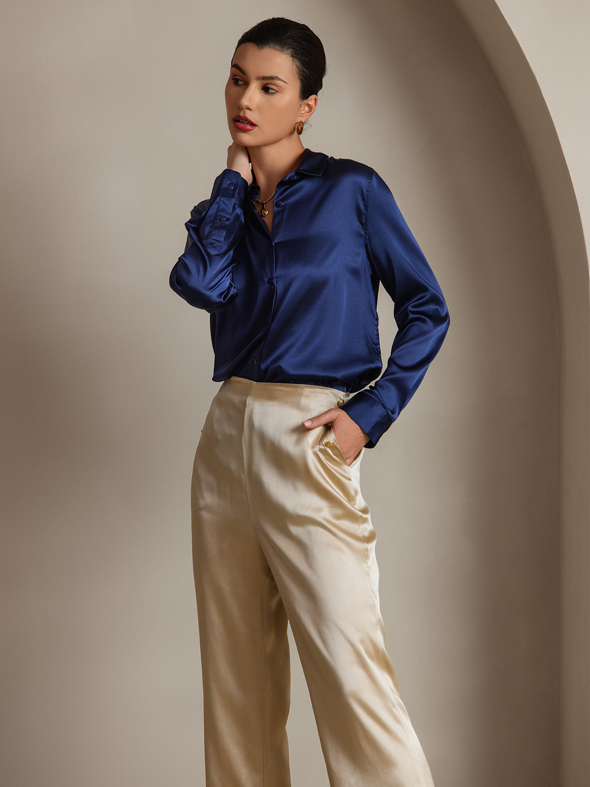 [Azul Oscuro] SilkSilky-ES Seda Manga larga Cuello Camisero Blusas de Mujer 005