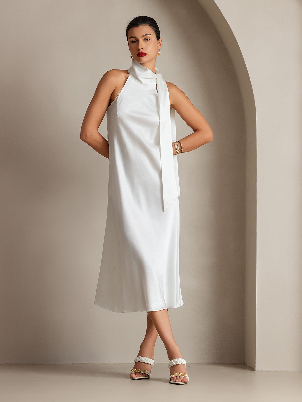 [Blanco] SilkSilky-ES 19Momme Seda Sin mangas Corbata Vestido 004