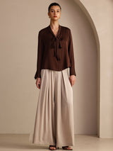 [Chocolate Negro] SilkSilky-ES Long Sleeve Tie Neck Blusas 006