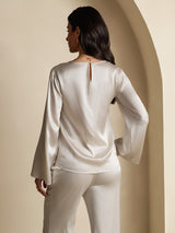 [Gris Claro] SilkSilky-ES Long Sleeve Boat Neck Blusa 002
