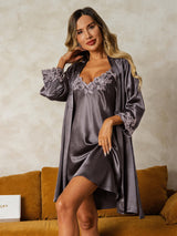 [Gris Púrpura] SilkSilky-ES 3/4 Sleeve V Neck Conjunto de camisón y bata 001