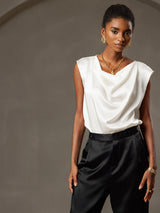 [Blanco] SilkSilky-ES Cap Sleeve Cowl Neck Camisetas de Mujer 005