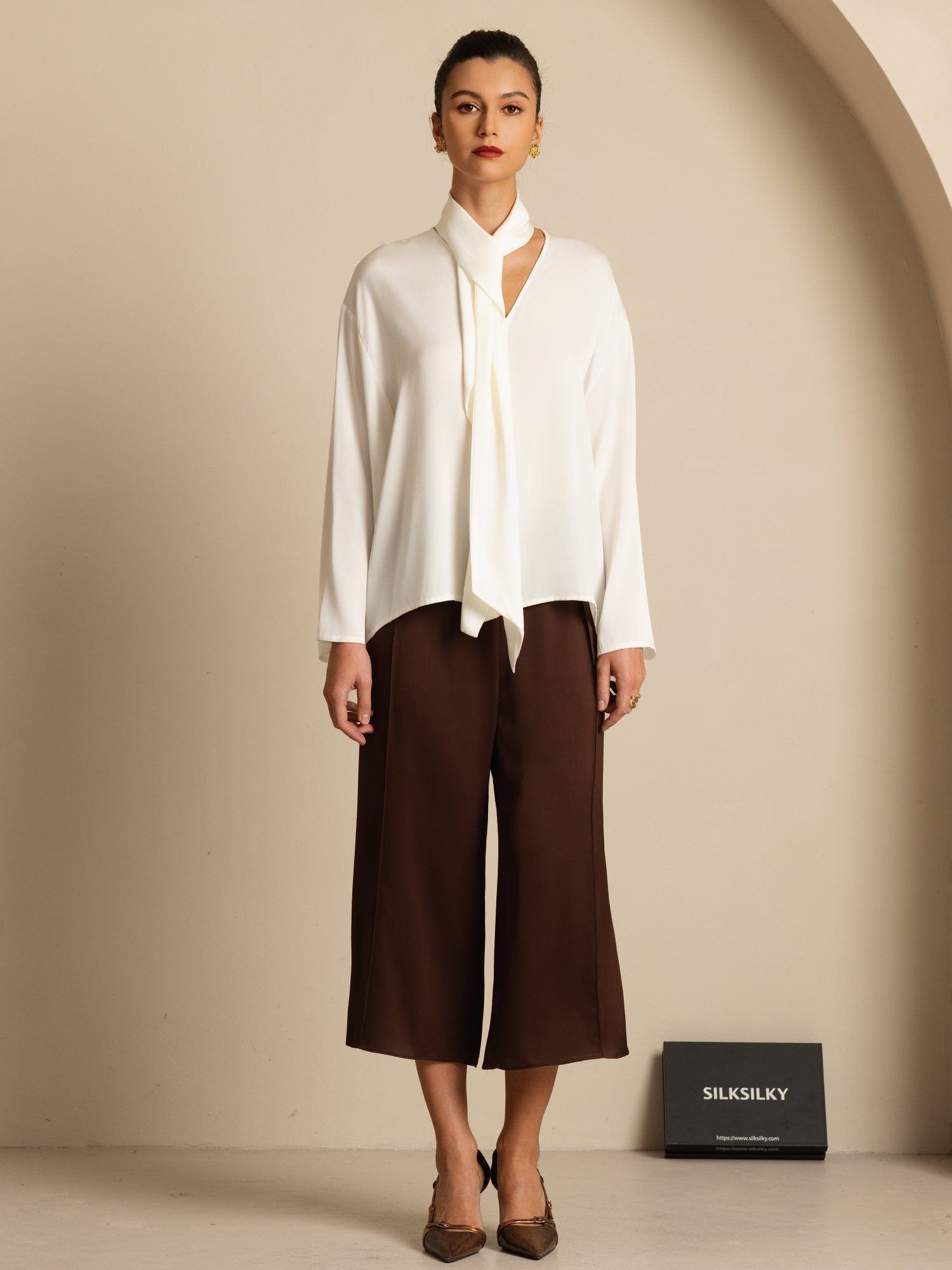 [Blanco] SilkSilky-ES 19Momme Seda Manga larga Cuello en V Blusa 008