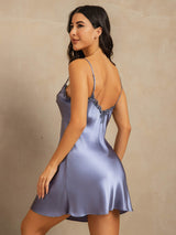 [Azul Acero] SilkSilky-ES Spaghetti Strap V Neck Camisón 002