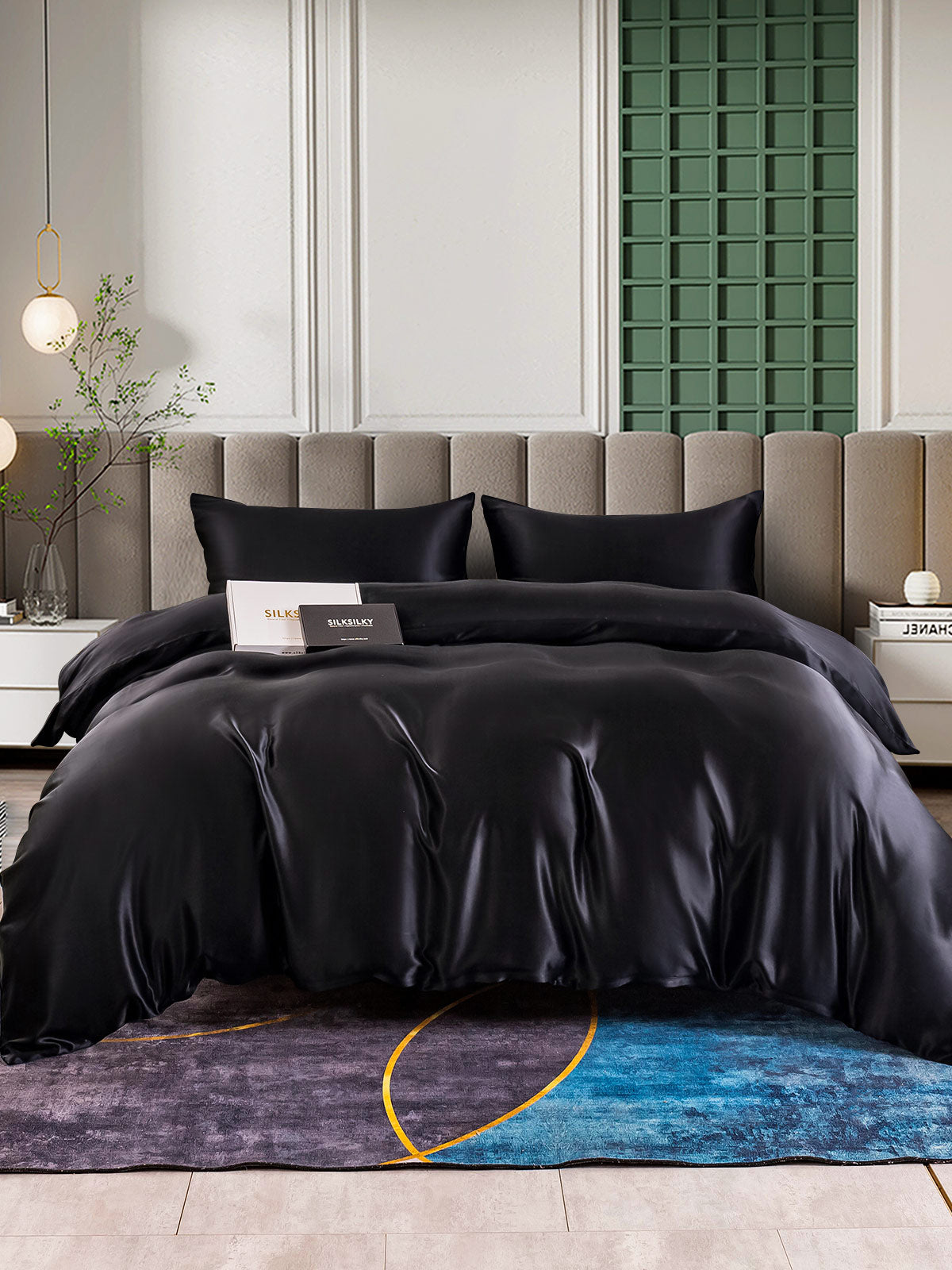 [Negro] SilkSilky-ES 25Momme Seda Pura Bedding Set 001