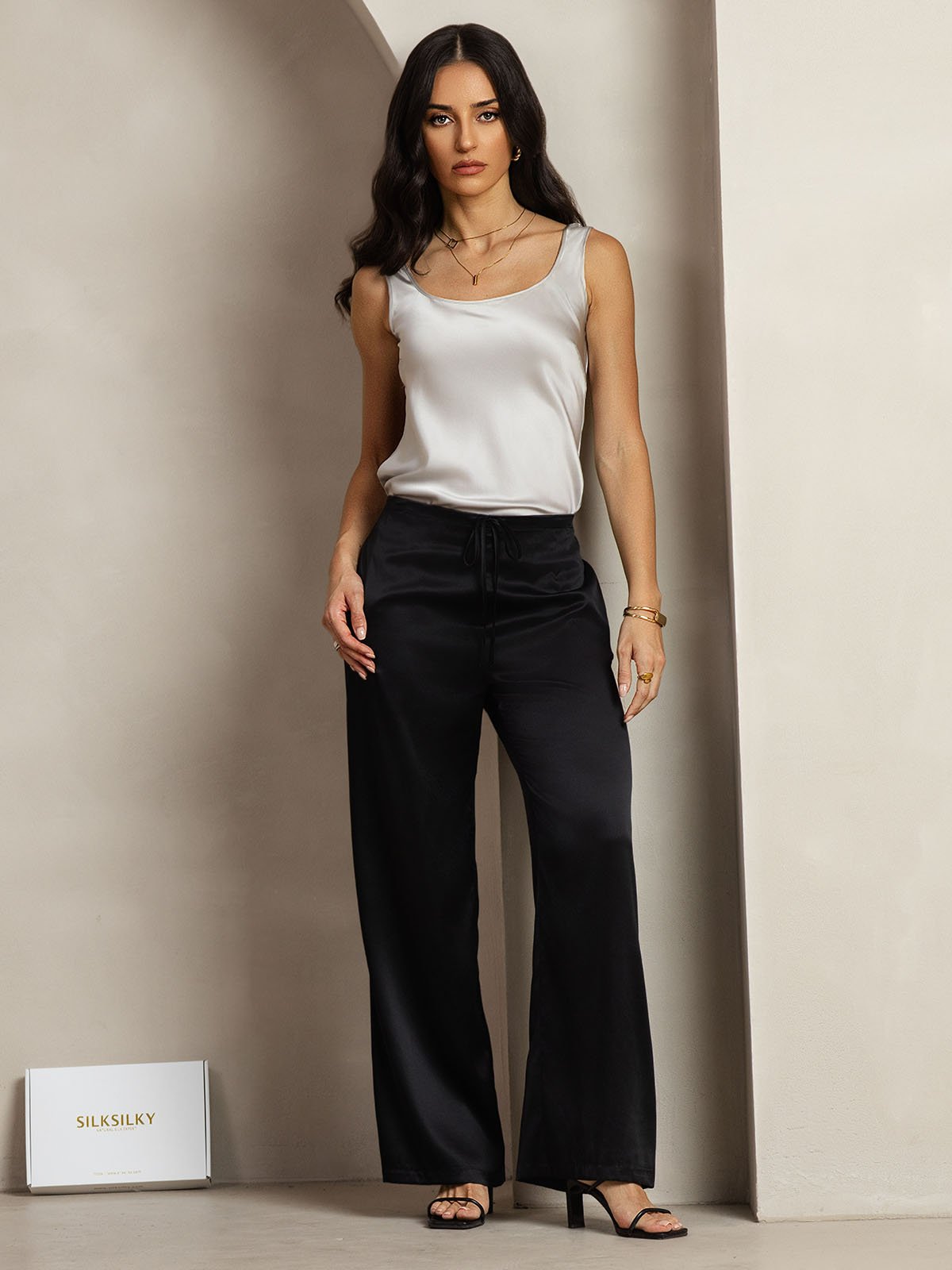 [Negro] SilkSilky-ES 19Momme Seda Womens Pants 001