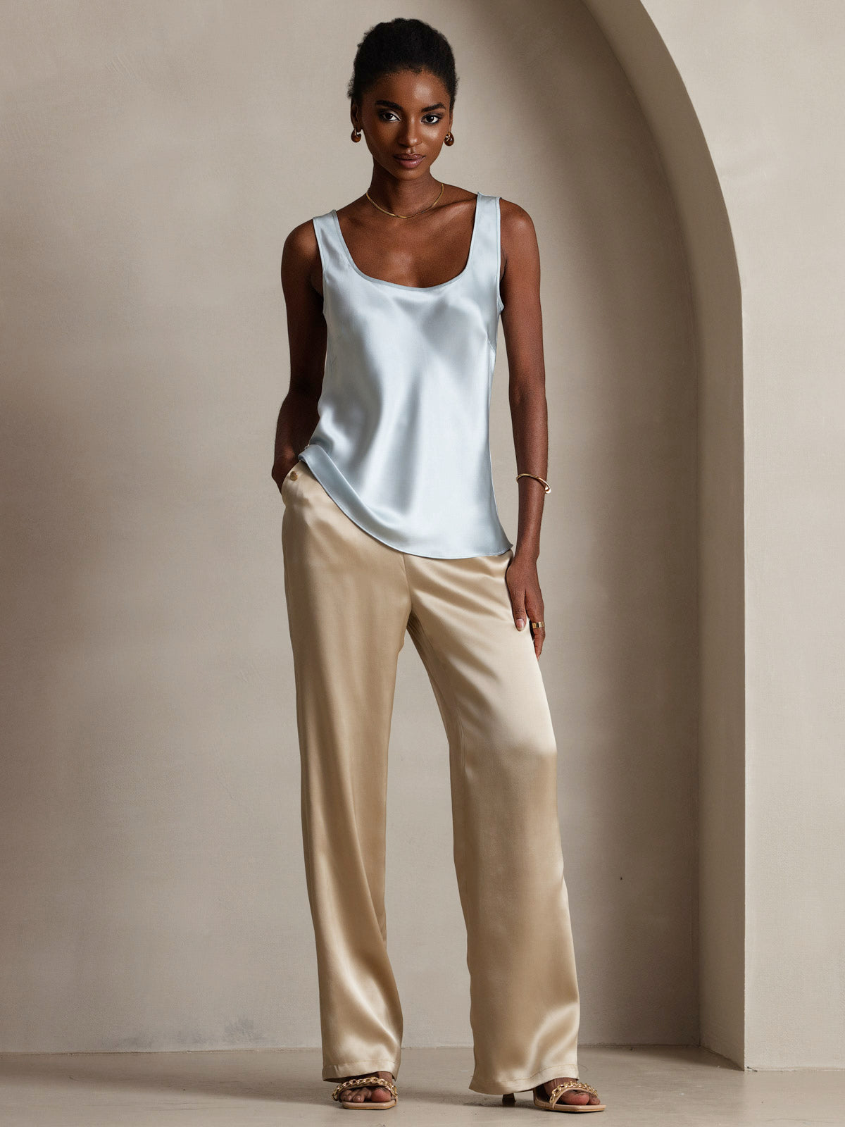 [Azul Claro] SilkSilky-ES 19Momme Seda Cuello en U Top de tirantes 001