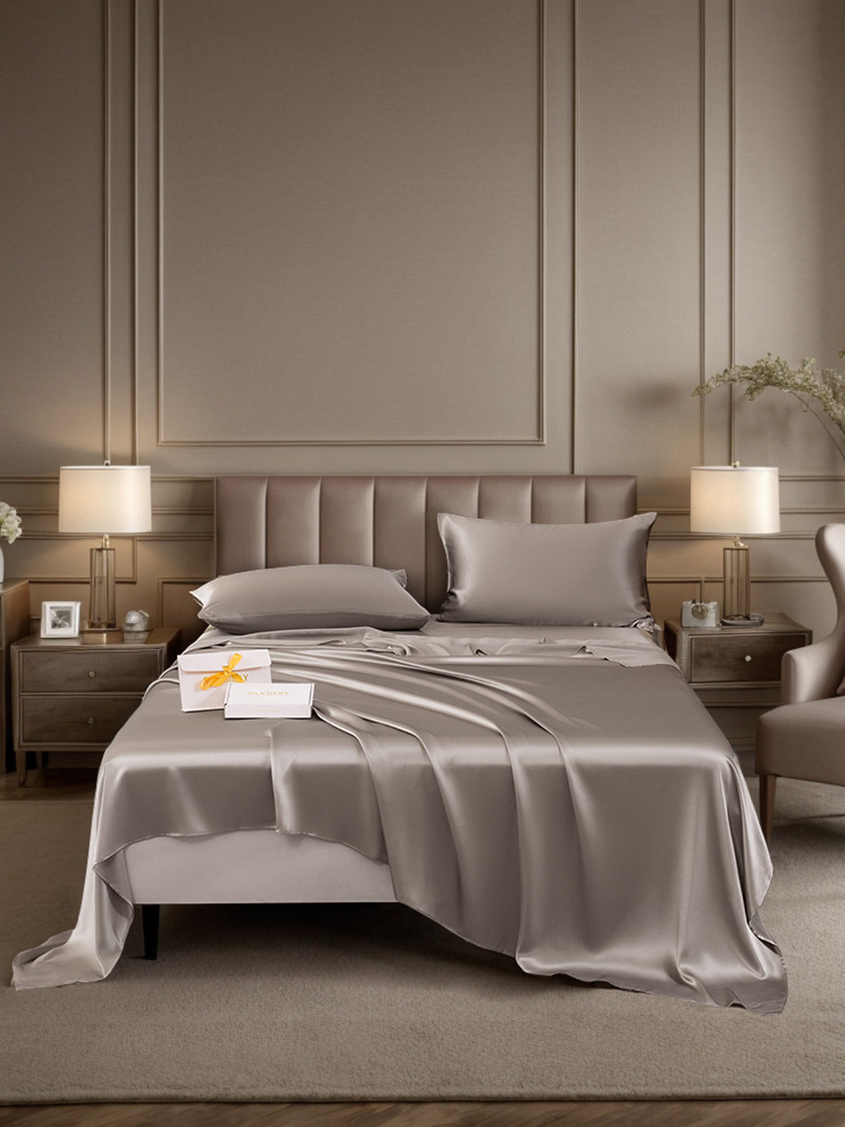 SilkSilky ES 19Momme Seda Pura Bedding Set Gris 001