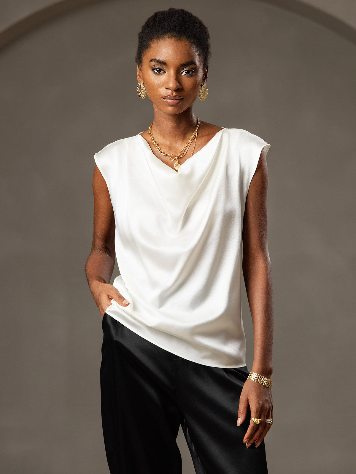 [Blanco] SilkSilky-ES 19Momme Seda Escote Caído Camisetas de Mujer 004