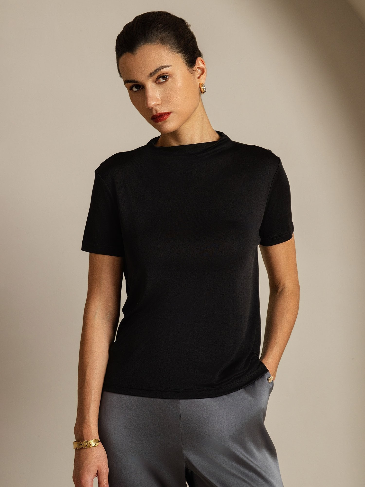 [Negro] SilkSilky-ES Seda Pura Cuello Camisero Camisetas de Mujer 001
