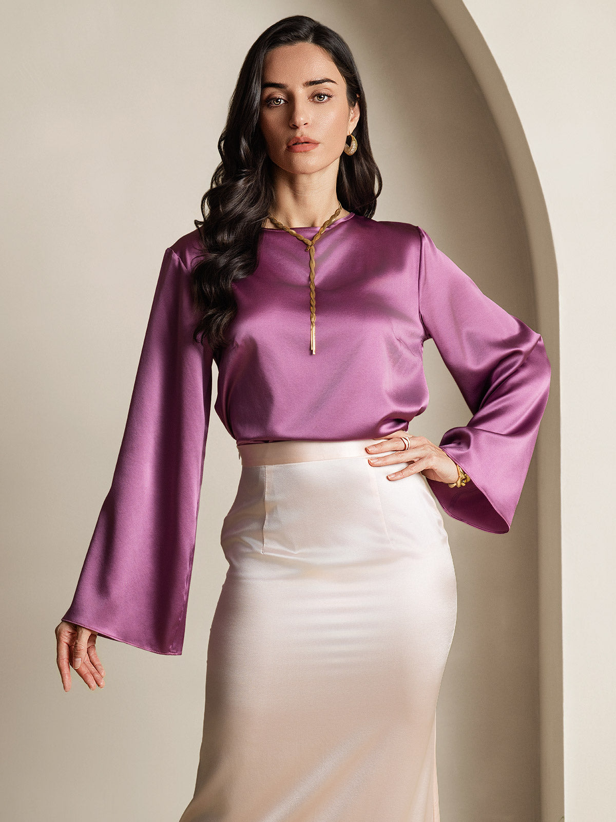 [Morado Oscuro] SilkSilky-ES 19Momme Seda Manga larga Blouse 001