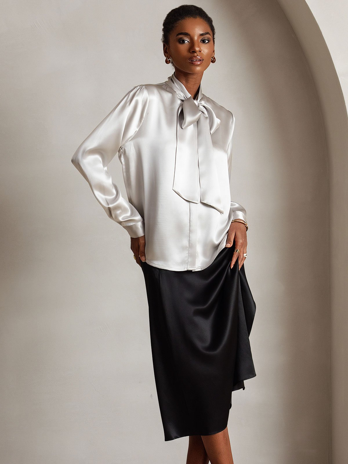 [Gris Claro] SilkSilky-ES 19Momme Seda Manga larga Blouse 004