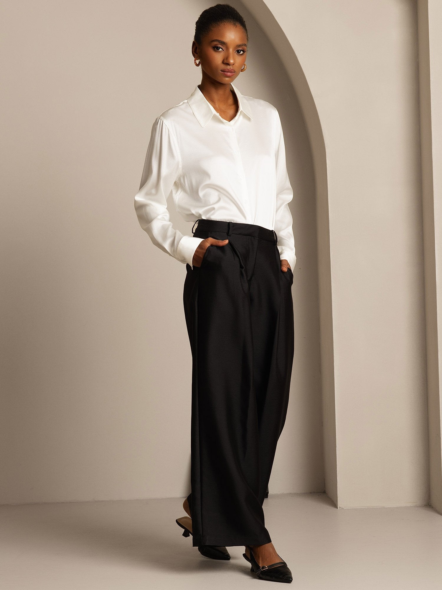 [Negro] SilkSilky-ES 32Momme Silk-Wool Blend Womens Pants 006,