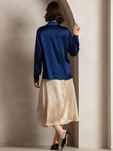 [Azul Oscuro] SilkSilky-ES 19Momme Manga larga Cuello con Solapa Blusas de Mujer 002