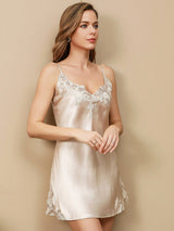 [Beige] SilkSilky-ES Spaghetti Strap V Neck Camisón 003