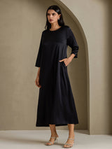 [Negro] SilkSilky-ES 3/4 Sleeve Round Neck Vestido 006