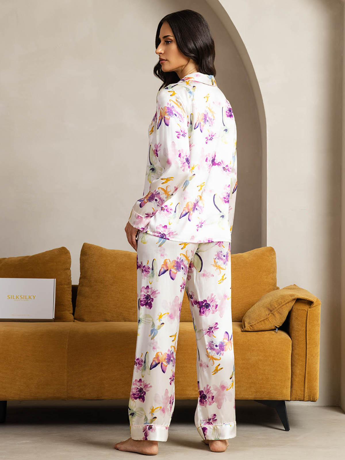 [Flores Acuarela] SilkSilky-ES Seda Pura Womens Pajamas 002