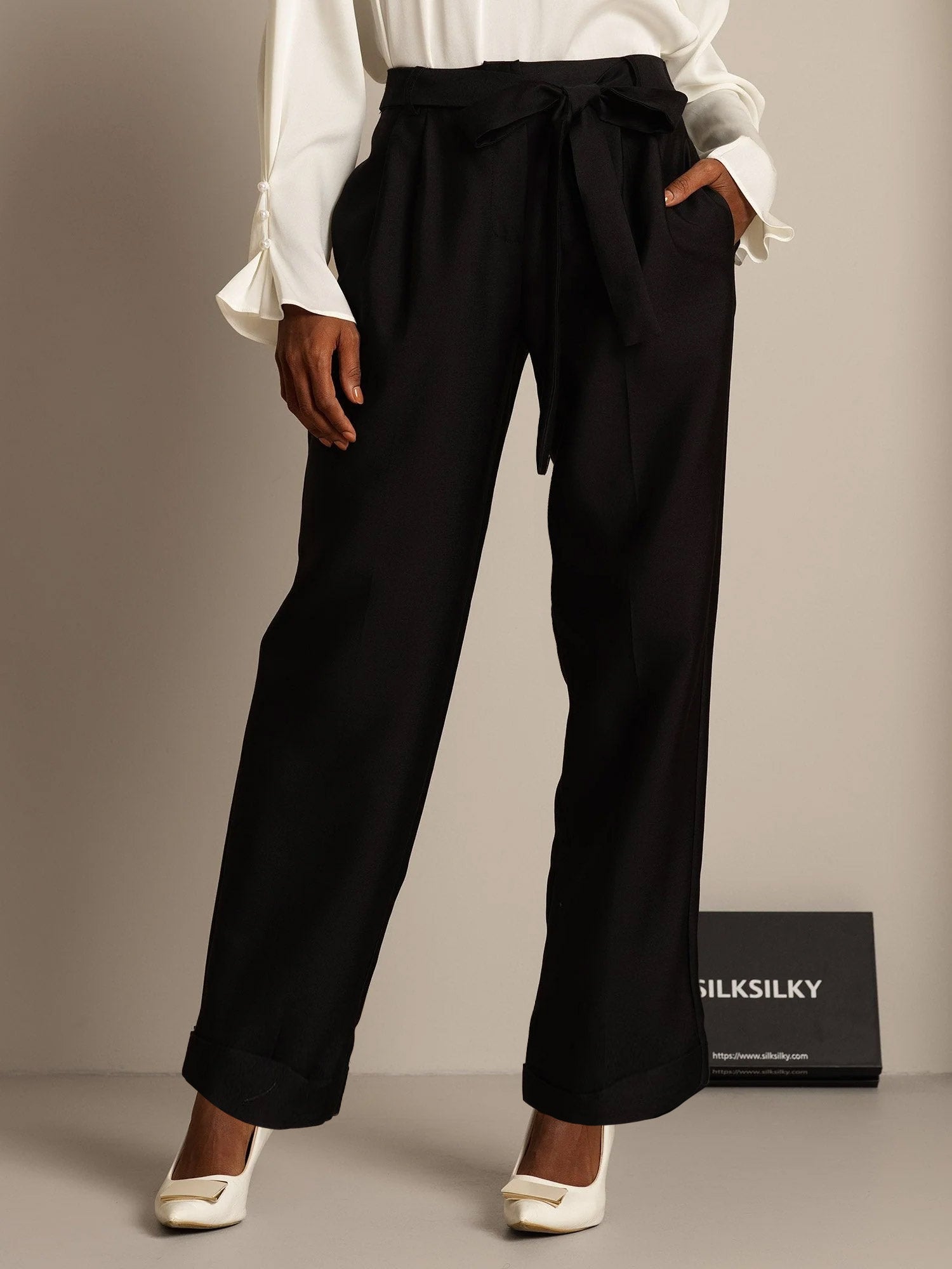[Negro] SilkSilky-ES 32Momme Seda Womens Pants 006