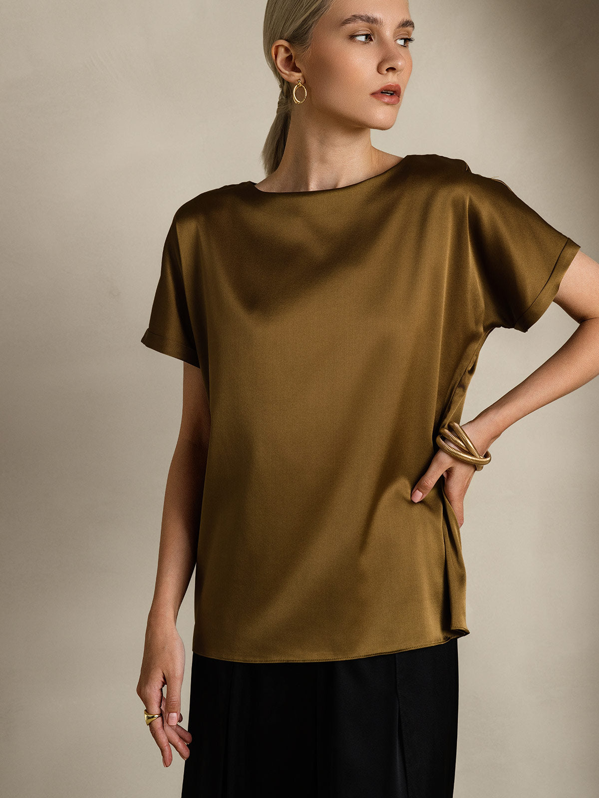 [Marrón] SilkSilky-ES 19Momme Manga corta Cuello Barco Camisetas de Mujer 005