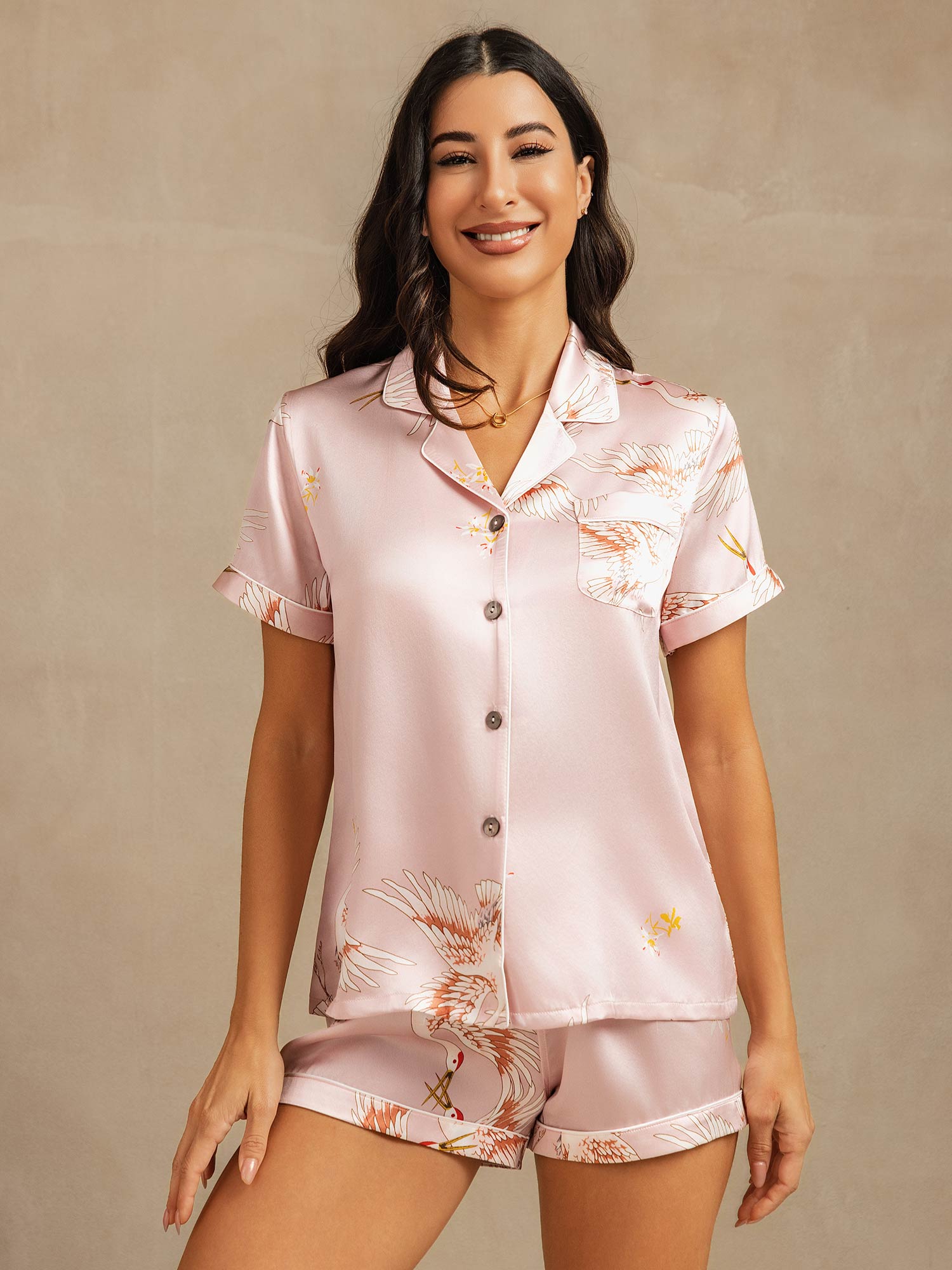 [Rosa] SilkSilky-ES Short Sleeve Lapel Collar Pijamas de mujer 001