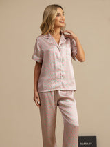 [Rosa Corazón Geo] SilkSilky-ES Short Sleeve Lapel Collar Pijamas de mujer 003