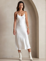 [Blanco] SilkSilky-ES Spaghetti Strap V Neck Vestido 004