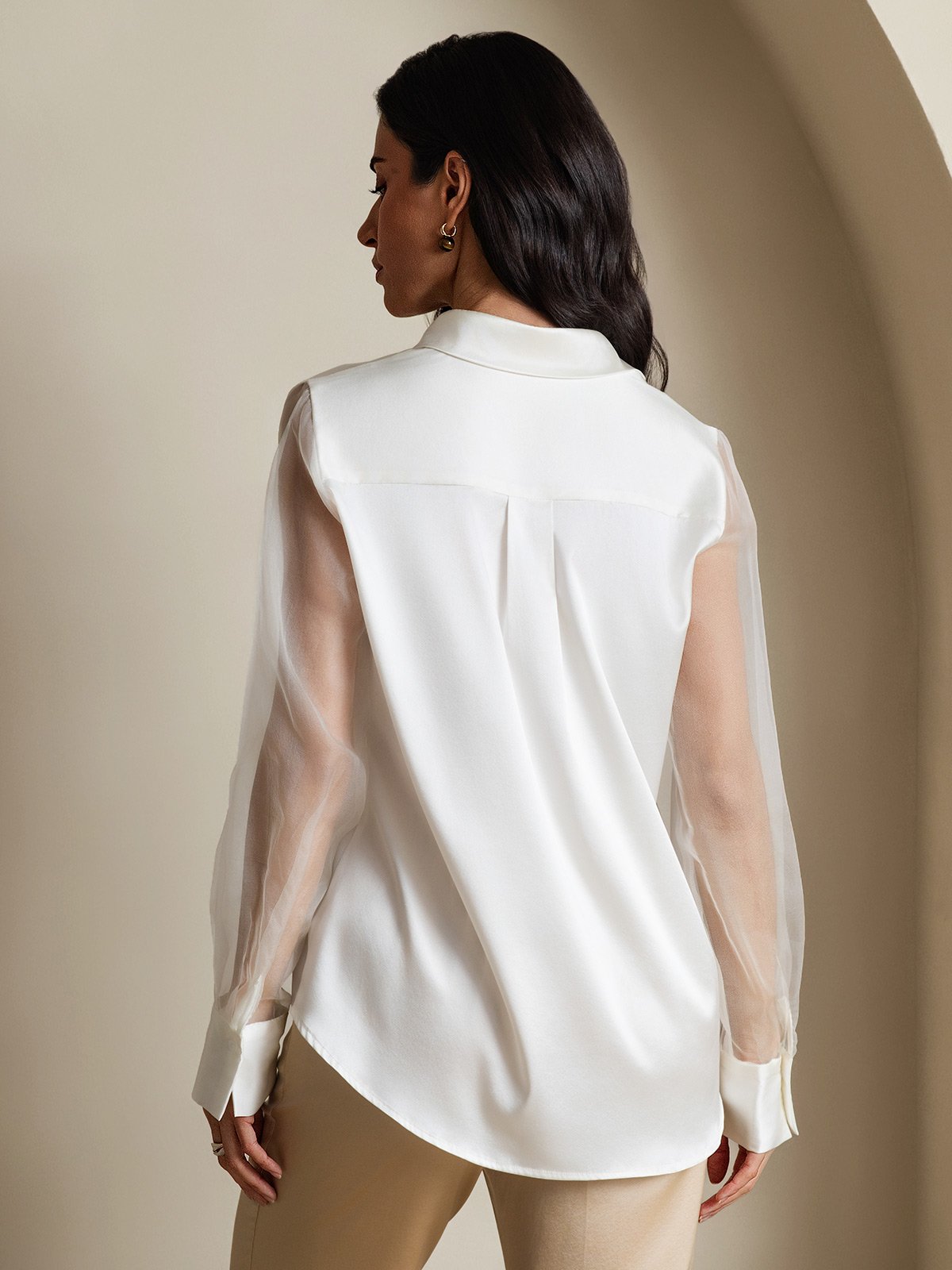 [Blanco] SilkSilky-ES 19Momme Seda Lapel Collar Blusas de Mujer 002