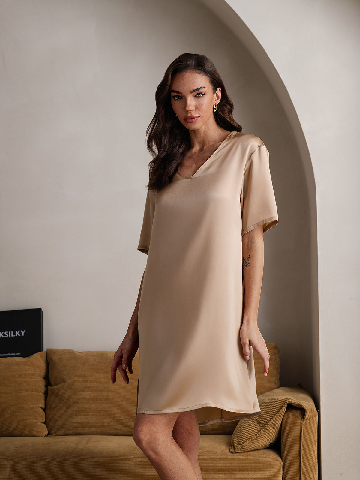 [Champán] SilkSilky-ES Seda Pura Cuello en V Camisón 005